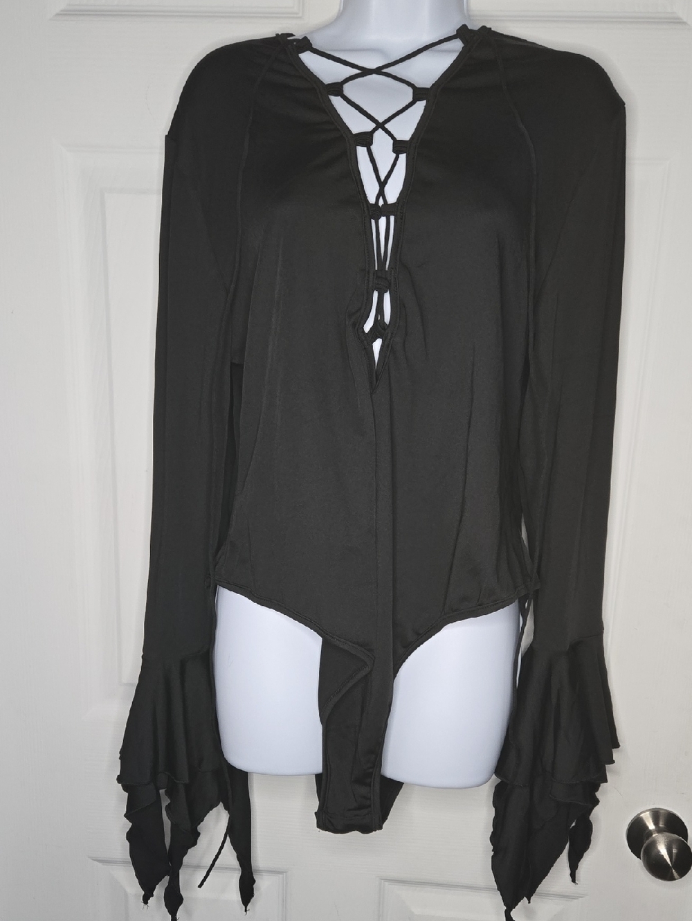 Black Lace-Up Bodysuit Blouse With Poets Cuffs